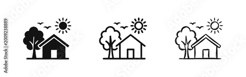 Fotografie Simple House Landscape Icon Set with Tree, Sun, and Birds Representing a Cozy Ho