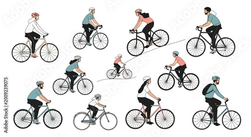 Set of vintage vector silhouettes featuring people riding mountain bikes and bicycles in a seamless sport design pattern for cycling travel