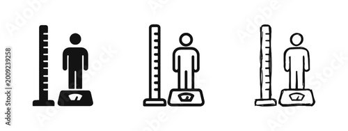 Health measurement icon set, person with height scale and weight scale for body mass index and fitness tracking.