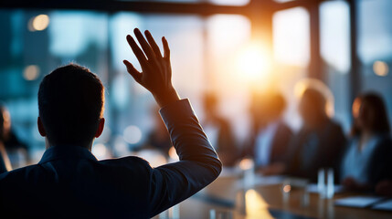 Cinematic wide back view of a silhouetted figure with a raised hand seated among other silhouettes in a bright softly defocused boardroom seminar raised hand audience question