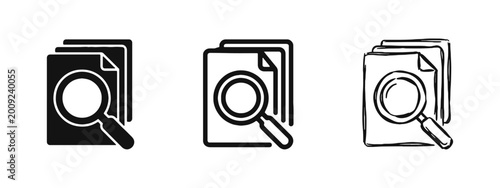 Photography Magnifying Glass over Paper Documents Icon Set for Search and Analysis