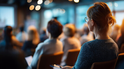 Cinematic wide back view of softly silhouetted attendees seated in rows facing a bright softly defocused presentation stage during a training session training participants
