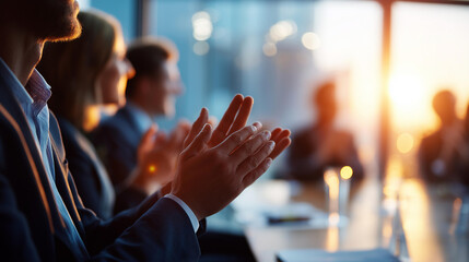 Cinematic wide view of silhouetted business figures seated and applauding in a bright softly defocused conference hall during a celebration moment business seminar applause