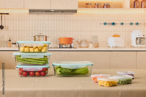 Photos Fresh vegetables in airtight glass containers on kitchen counter