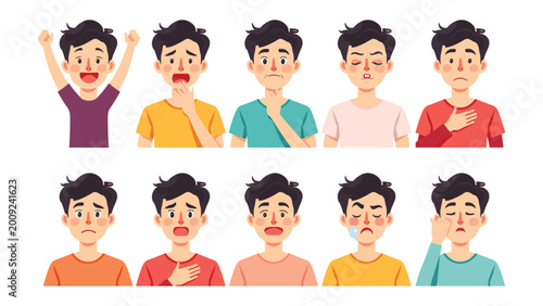 Emotion Expression Series: A set of illustrations showcasing a male character, depicting a range of emotions and physical symptoms.