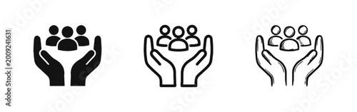 Фотография Hands Protecting Group of People Icon Set in Solid Outline and Sketch Style
