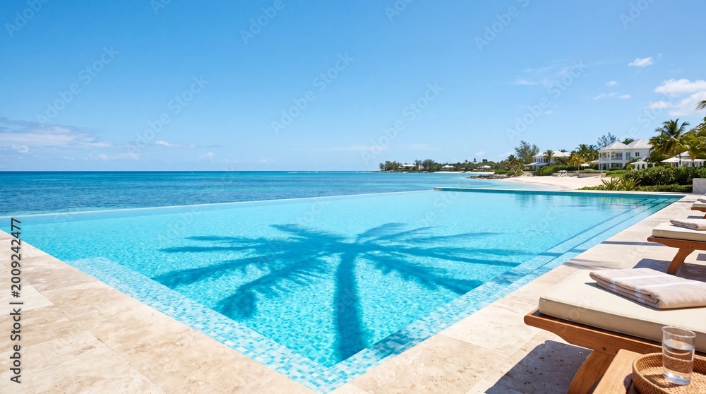 Fototapeta premium A serene infinity pool overlooking the ocean, with the reflection of a palm tree in the water