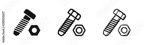 Obraz na plátně Hardware bolt and nut icon set, industrial fastener and repair tools symbols