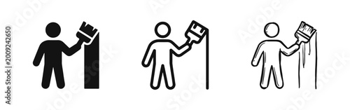 Home renovation icon set, person painting wall with brush, construction and repair symbols