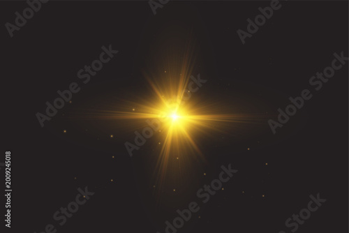 Starburst light with sun, wide sunlight rays in golden glow. Star sparkle, yellow sparks, dust, bokeh shimmer with lens flare, starlight highlights on transparent background, png vector illustration