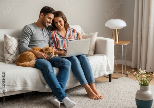 Young couple sitting on a sofa in a cozy living room with their ginger cat, using a laptop together