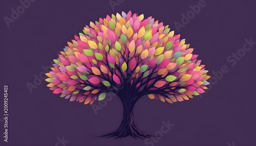 Vibrant Fantasy Tree with Colorful Pink, Yellow and Orange Leaves on Dark Purple Background, Artistic Nature Illustration, Magical Botanical Design, Dreamlike Seasonal Landscape Artwork