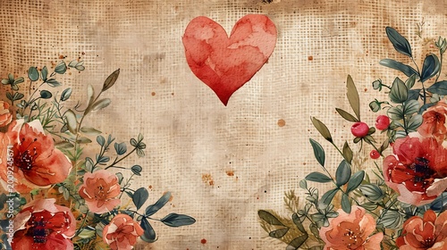 Watercolor heart and floral arrangement on textured canvas, perfect for wedding invitations, Valentine's Day cards, or romantic designs. The vintage aesthetic and ample copy space 