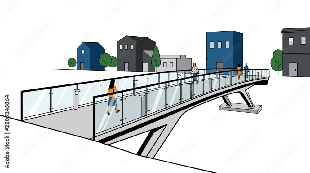 Obraz premium Modern pedestrian bridge with glass railings crossing urban area minimal architecture concept