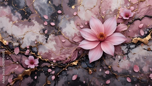 Elegant Pink Floral Abstract Art with Watercolor Texture, Blossoming Flower Design, Feminine Marble Background, Luxury Botanical Illustration for Wallpaper, Invitations, Beauty and Spring Themes