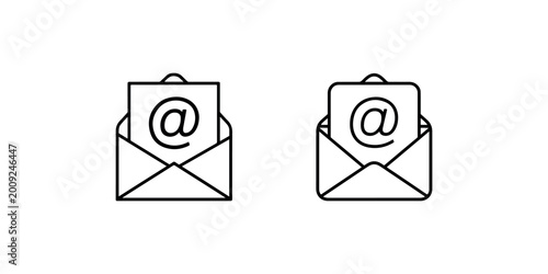 Email envelope icon with paper document and at symbol inside representing newsletter subscription and digital communication for online marketing service.