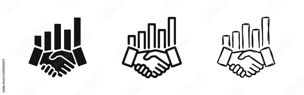 Obraz premium Business Partnership Handshake with Bar Graph Icons in Solid Outline and Sketch Styles