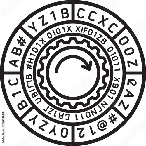 Innovative Black & White Vector Cipher Wheel Icon Featuring Overlapping Gears for Cryptographic Encoding, Data Security Protocols, Cybersecurity Visuals, Programming Algorithms, Encryption