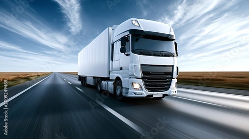 White semi truck driving fast on a straight highway with a blue sky and motion blur around, representing concepts of logistics, delivery, freight, and global shipping