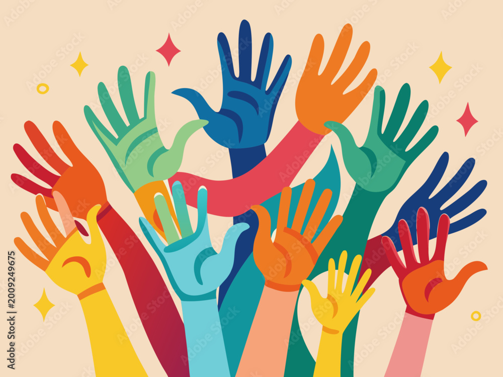 Fototapeta premium Colorful human hands raised up together in a diverse and happy community celebration illustration
