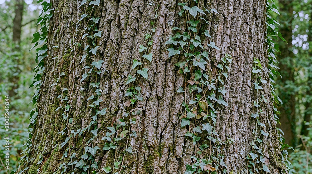 Fototapeta premium A close-up view of a tree trunk covered in ivy and moss in a forest