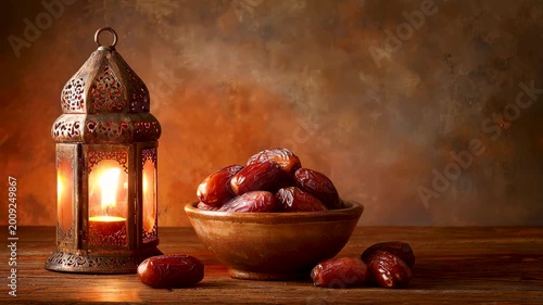 Ramadan lantern with a bowl of dates on a wooden table