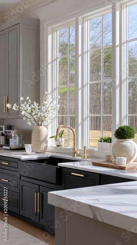 Modern kitchen interior with large windows and island, home design, clean and bright lifestyle space.