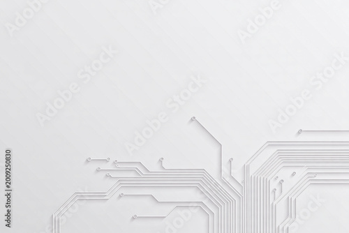 Abstract minimalist white digital circuit board pattern with subtle shadows and clean lines representing technology data flow and artificial intelligence with a modern futuristic