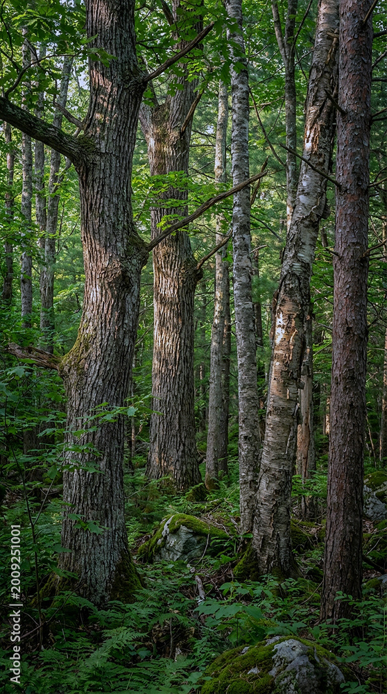 Obraz premium A serene forest landscape with tall trees and lush greenery under a natural canopy