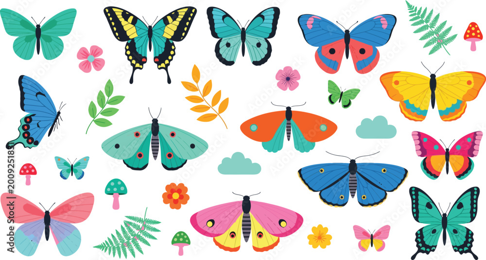 Fototapeta premium Colorful butterflies and leaves on white background for design and decoration ideas