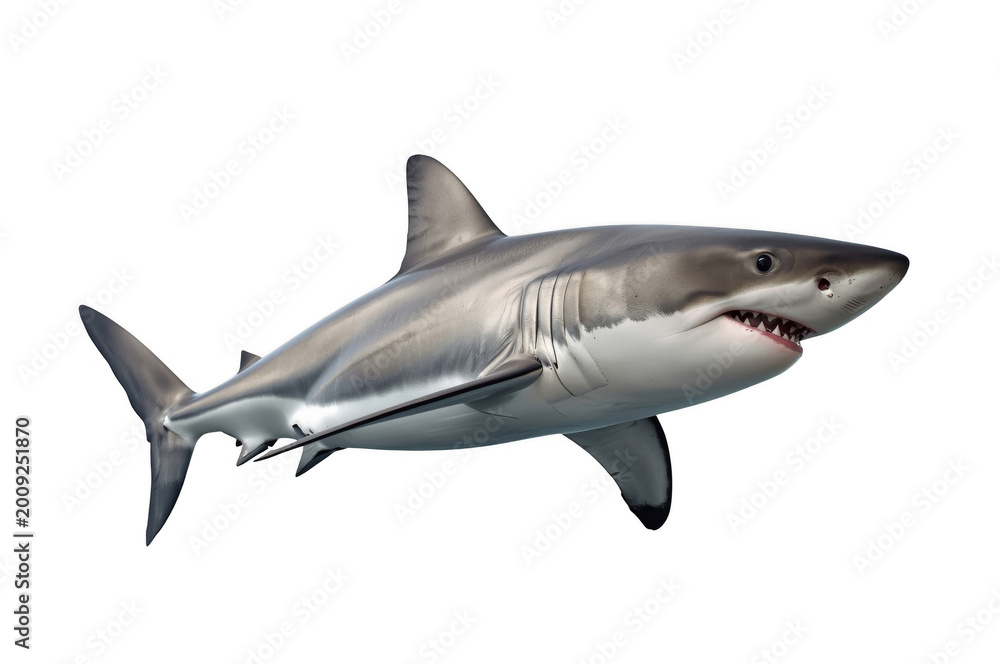 Naklejka premium Great white shark swimming with powerful jaws showing teeth