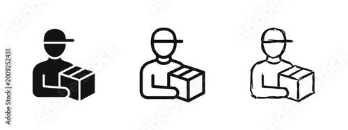Canvas Print Delivery man holding cardboard box icon set, shipping, logistics and courier service concept