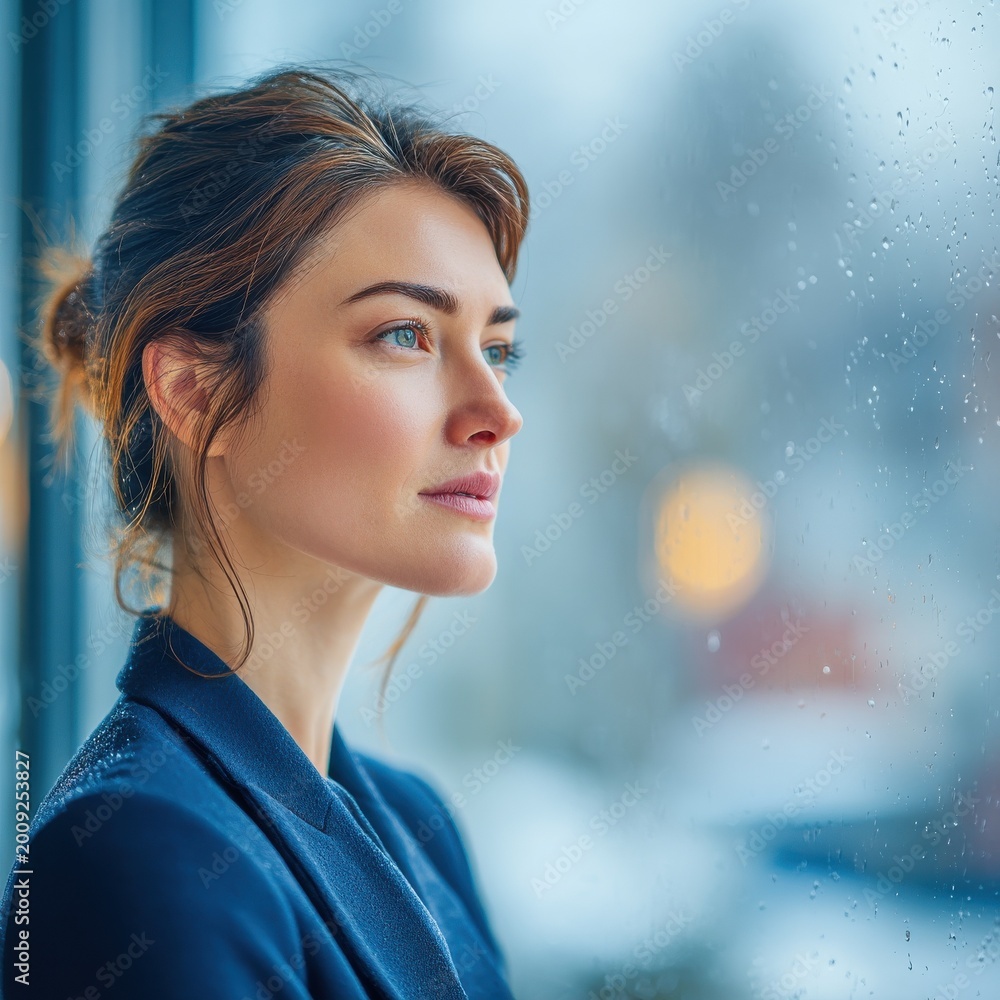 Fototapeta premium Introspective professional gazing out rainy office window on a moody day