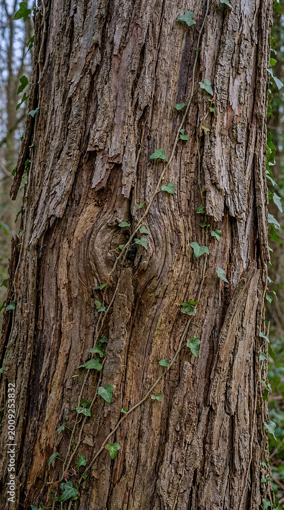 Fototapeta premium A close-up view of a tree trunk with ivy growing up its rugged bark in a natural setting.