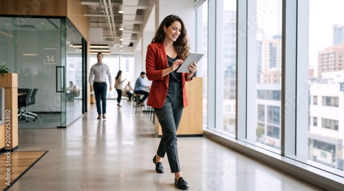 Businesswoman in red blazer walking through a modern office hallway using a tablet. Professional woman on the move in a bright corporate workplace. Productivity and technology concept