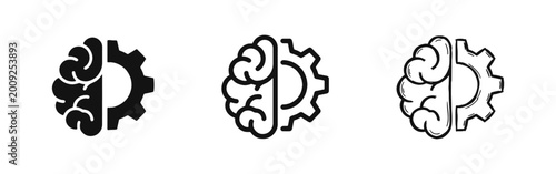 Photos Brain and gear representing mindset and technology icon set in solid, outline an