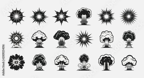 Canvas Print Various explosion icons are illustrated in black on a white background