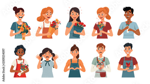 Foto Expressions of Joy with Bouquets: A diverse collection of individuals radiate joy and emotion as they tenderly hold bouquets, expressing delight in the simple pleasure of flowers