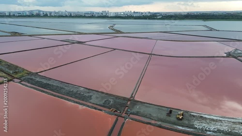 Aerial View of Pink Salt lake or evaporation ponds near Burgas Bulgaria