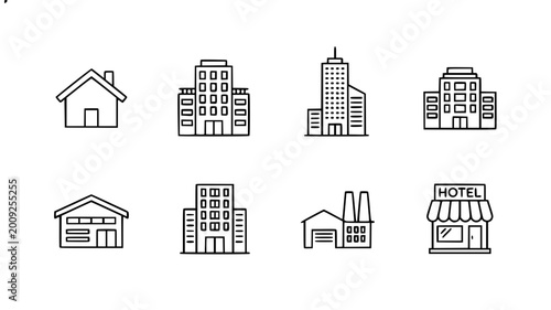 Cuadro en lienzo Black and white buildings outline icon set with house apartment skyscraper linea