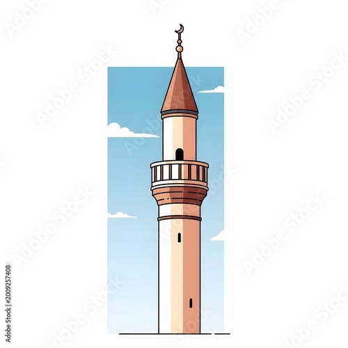 Stylized illustration of a tall ornate minaret against a blue sky