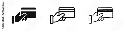 Credit card payment icon set, hand holding bank card, shopping and finance symbol