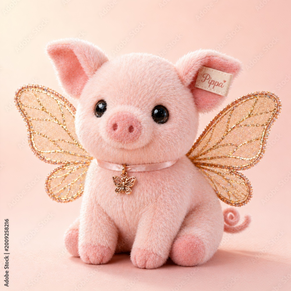 Fototapeta premium Cute Pink Pig Plush with Fairy Wings and Butterfly Charm for Gift Ideas