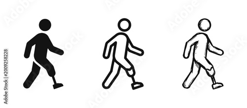 Accessibility icon set featuring a person walking with a prosthetic leg