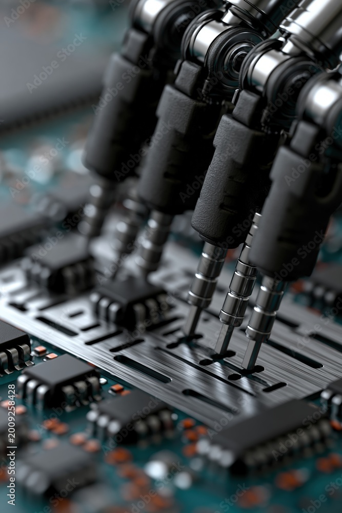 Naklejka premium Robotic grippers assembling tiny components on precision jig