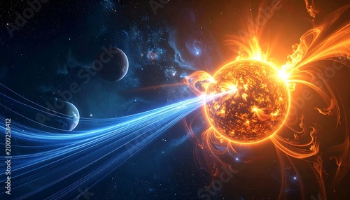 Cinematic Digital Render Of A Glowing Sun Emitting Powerful Blue Energy Beams Towards Distant Planets In A Deep Space Cosmic Galaxy Background