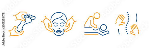 massage icons, spa salon, physiotherapy, facial and foot massage, masseur service, icon set, thin outline web symbols on white background