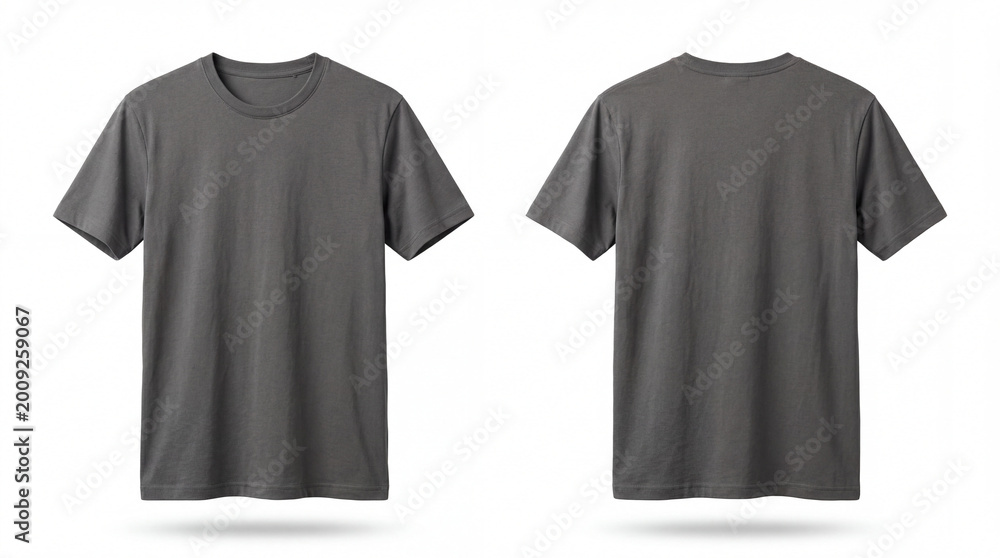 Naklejka premium A dark gray t-shirt displayed from the front and back on a white background