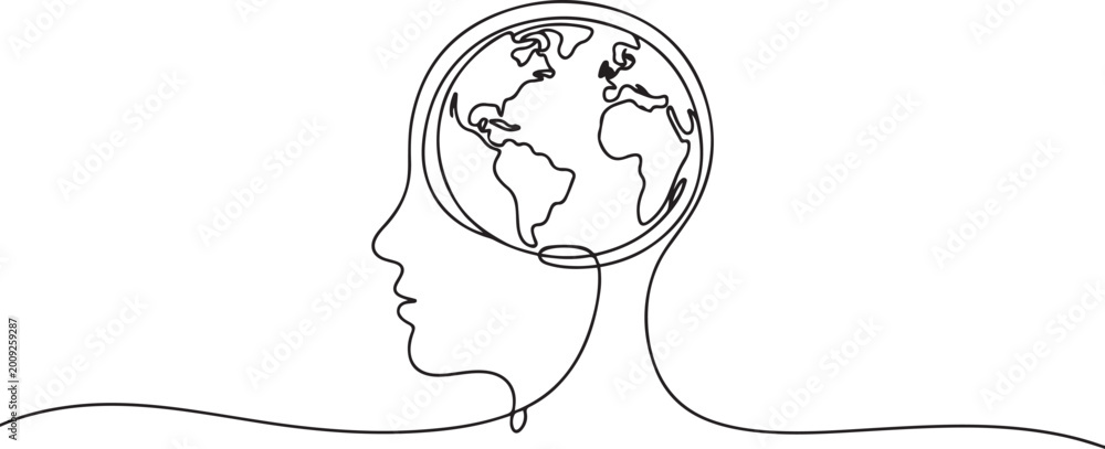 Fototapeta premium Peace brain concept. Continuous one line drawing of human head with globe inside. Think world. one line Icon drawing