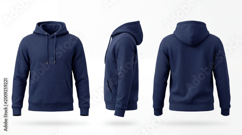 A navy blue hoodie displayed from multiple angles on a white background